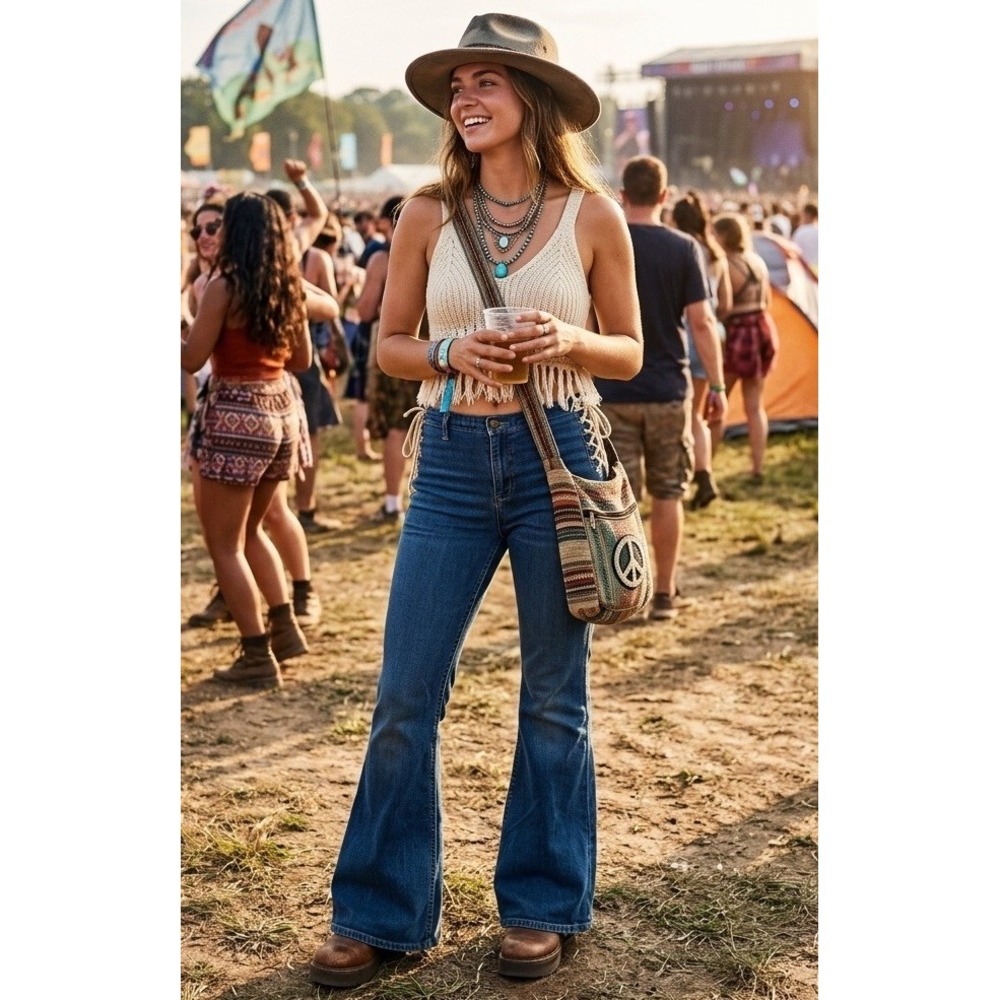 Vtg Y2K Mudd Lace Up Side Flare Jeans Size 16 Blue Dark Wash Boho Festival Bell - Picture 13 of 13